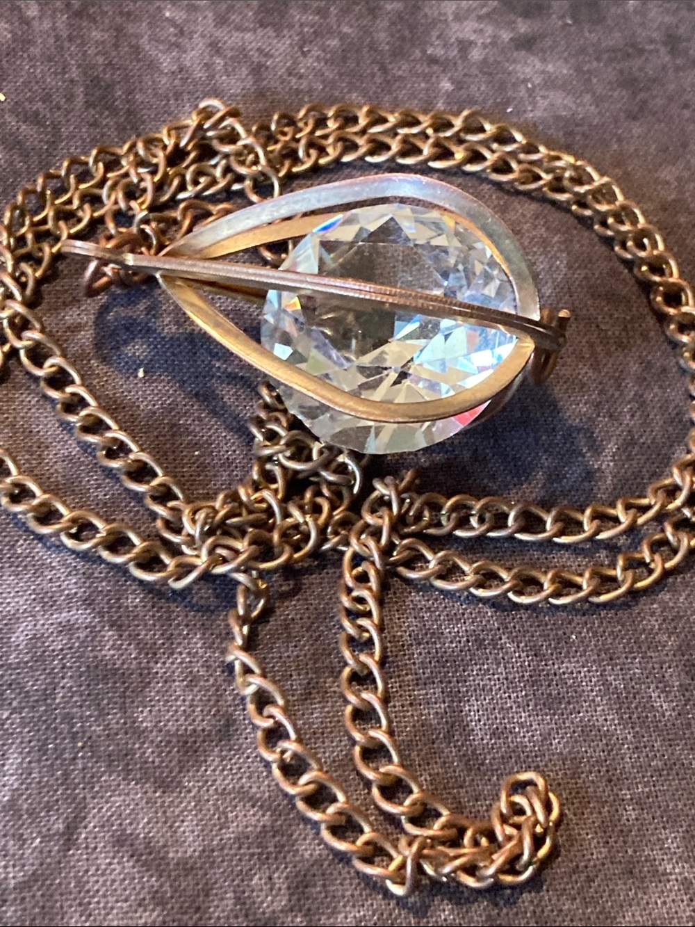 Brass-Tone Teardrop Pendant Necklace with Clear Faceted Center